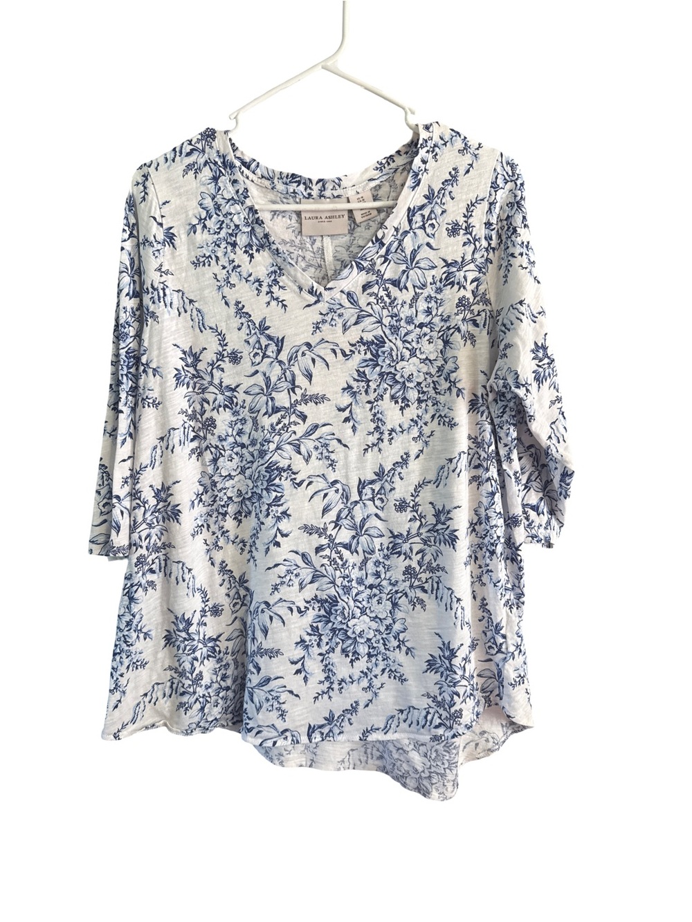 Laura Ashley White and Blue Floral V-Neck Long Sleeve Top